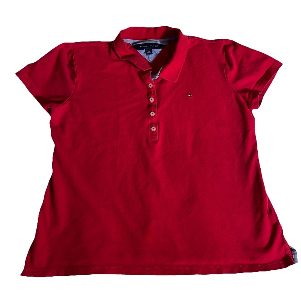 Tommy Hilfiger Women Medium Red Embroider Collar Polo Shirt EUC Designer preppy